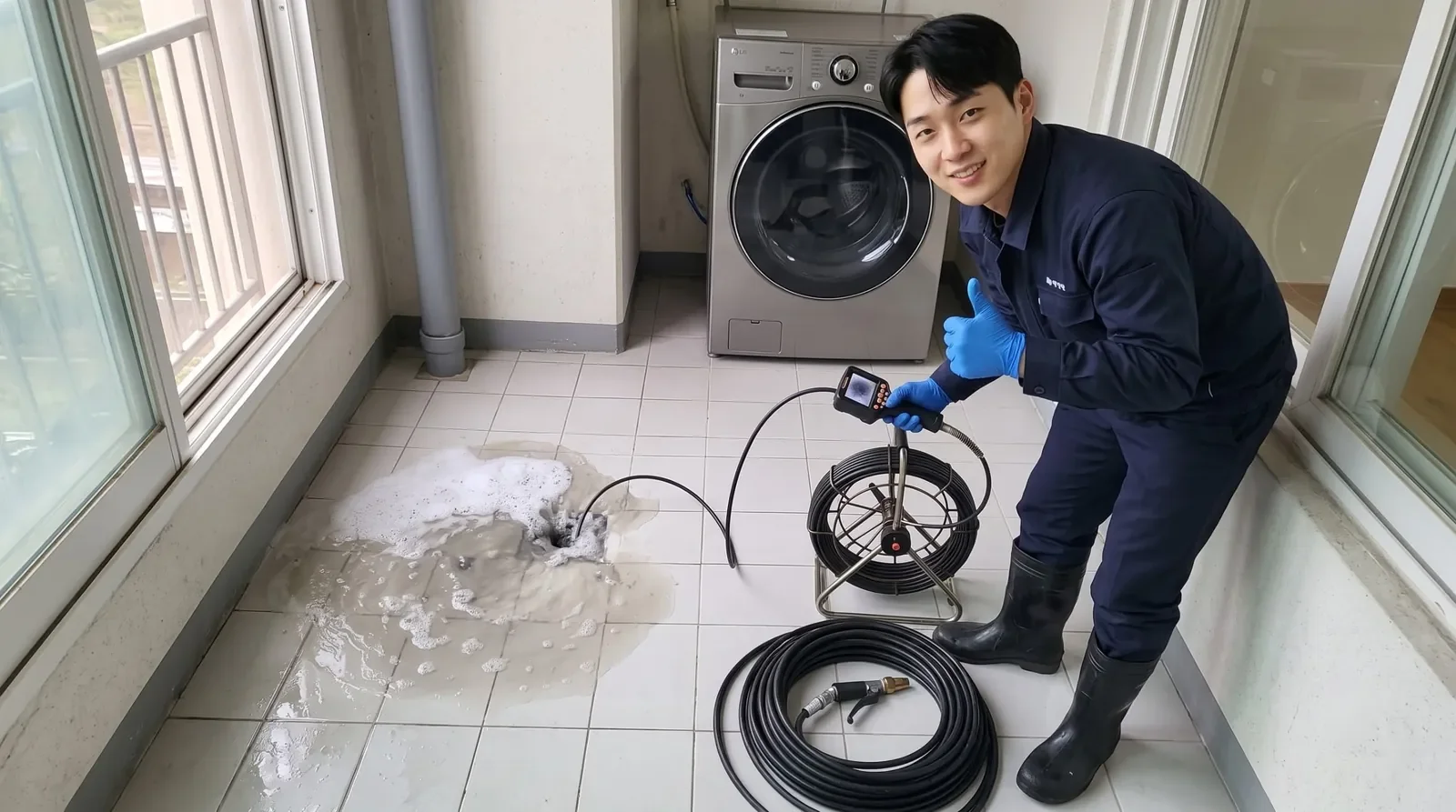 경기 서남권 세탁실 배수구 역류 현장에서 배관내시경을 든 기술자